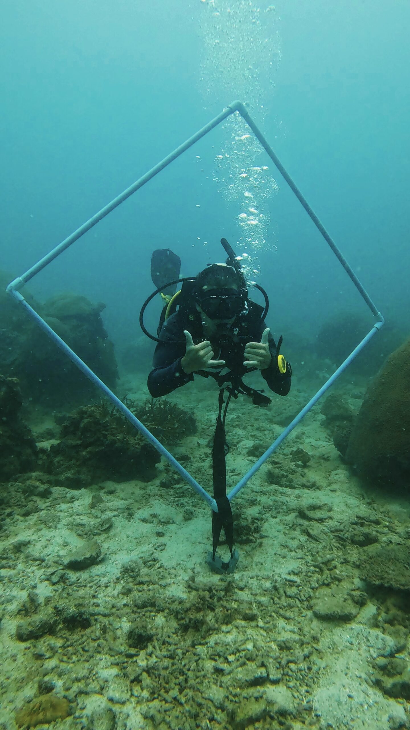 Scuba diver practicing perfect buoyancy by hovering through a training frame during specialty or advanced course in Koh Tao – Dive In Koh Tao underwater skills training.