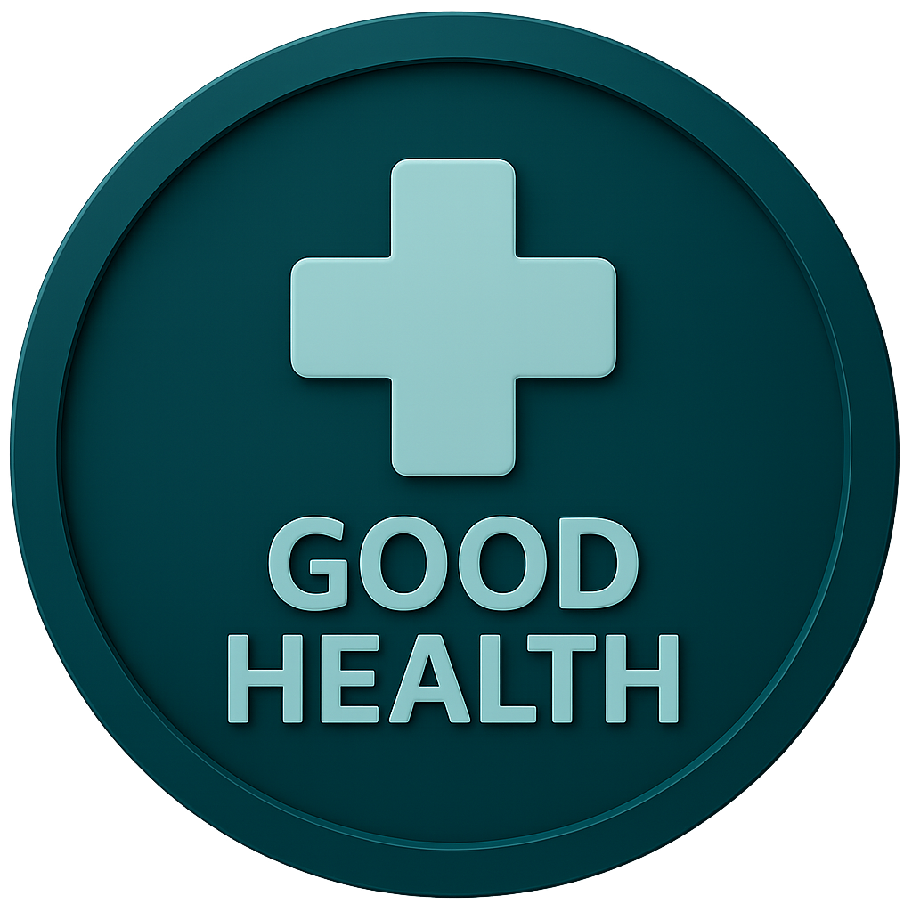Circular "Good Health" diving requirement badge showing a heart symbol with a check mark. Indicates that participants should be in general good health for scuba diving.