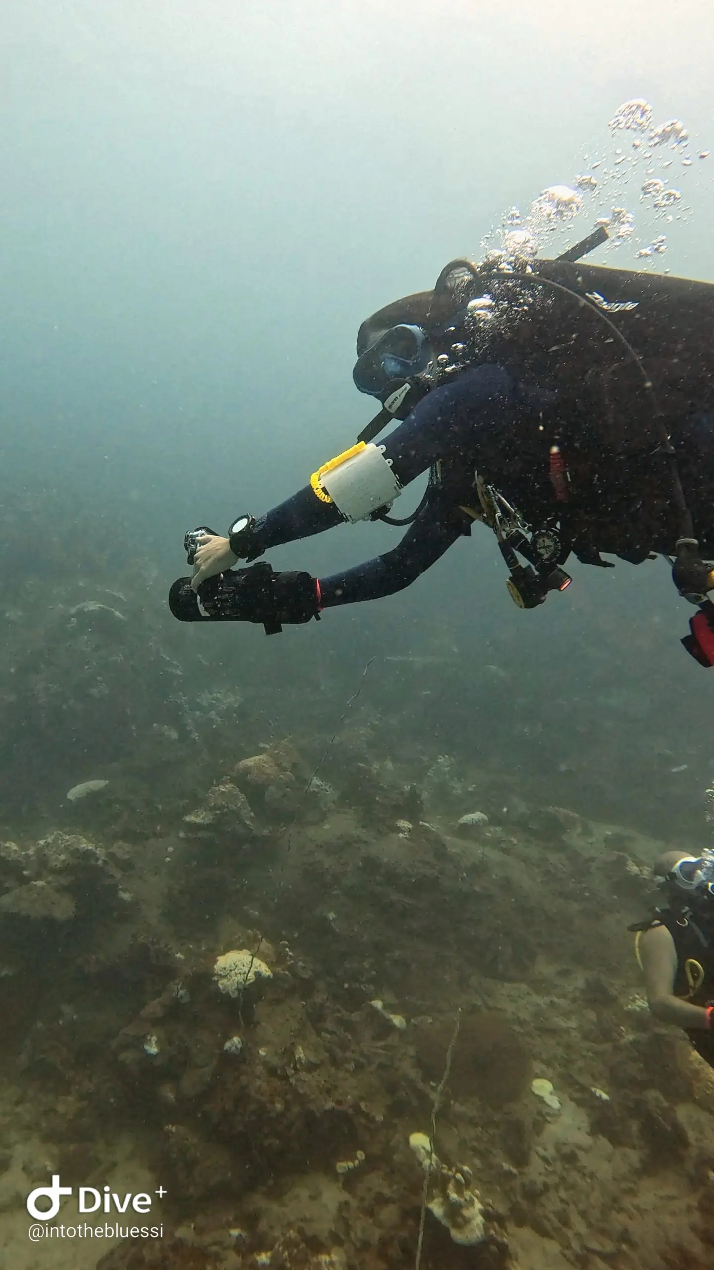 Scuba diver practicing control and maneuvering with a DPV (underwater scooter) during a specialty dive course in Koh Tao, Thailand.