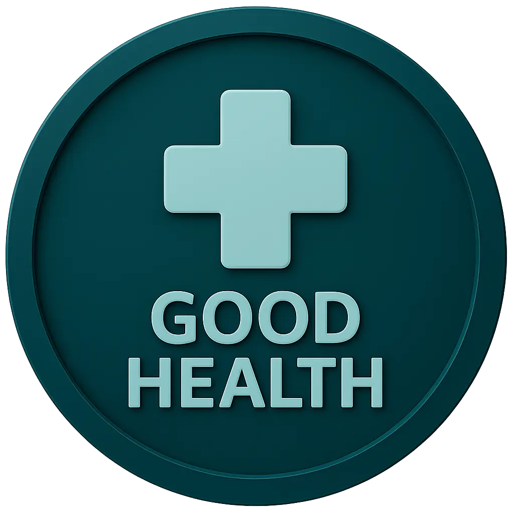 Circular "Good Health" diving requirement badge showing a heart symbol with a check mark. Indicates that participants should be in general good health for scuba diving.