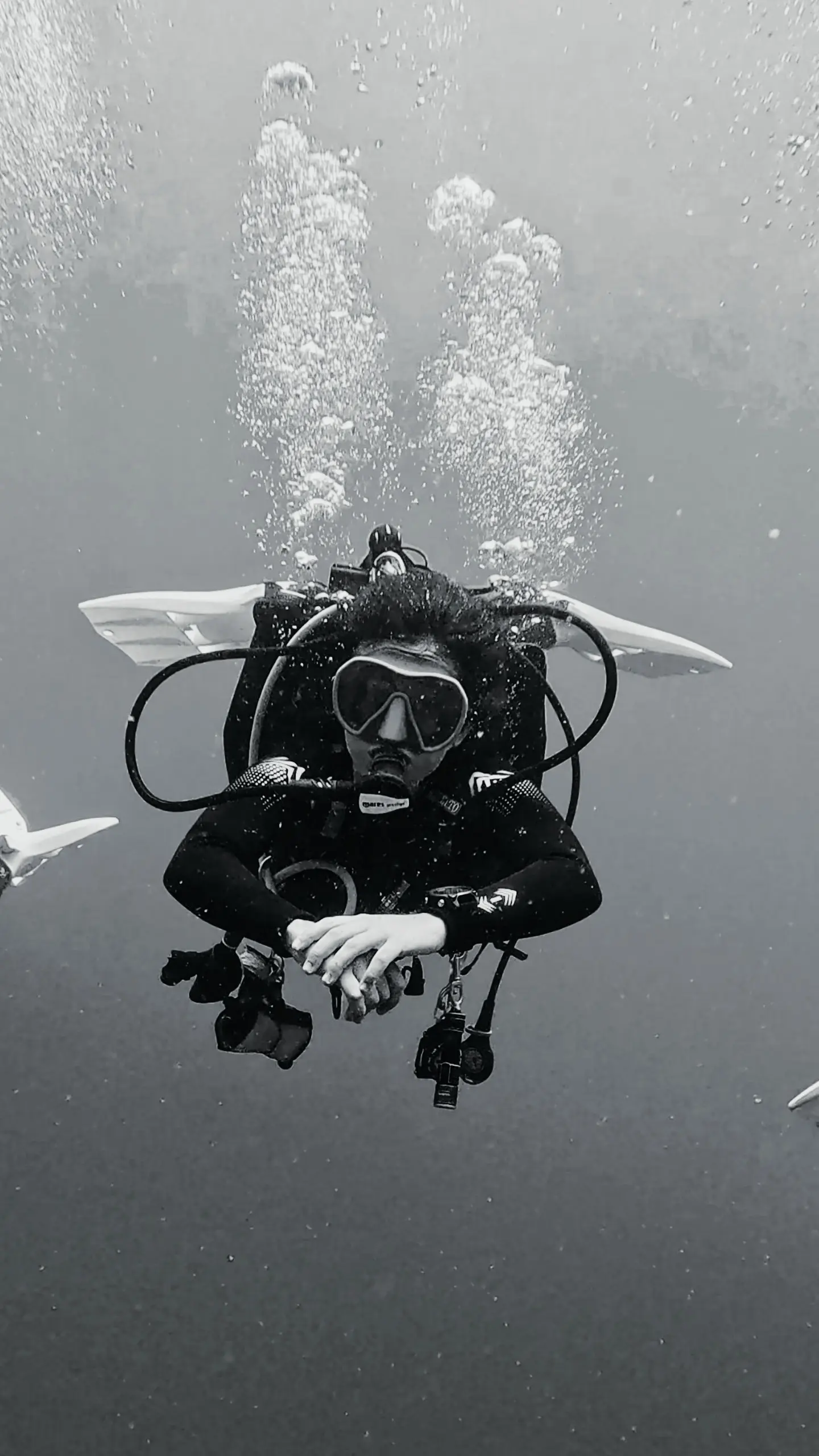 Iris Palmeirim de Alfarra, scuba diver and founder of Dive In Koh Tao, hovering underwater in full control during a deep dive – calm, focused diving professional.