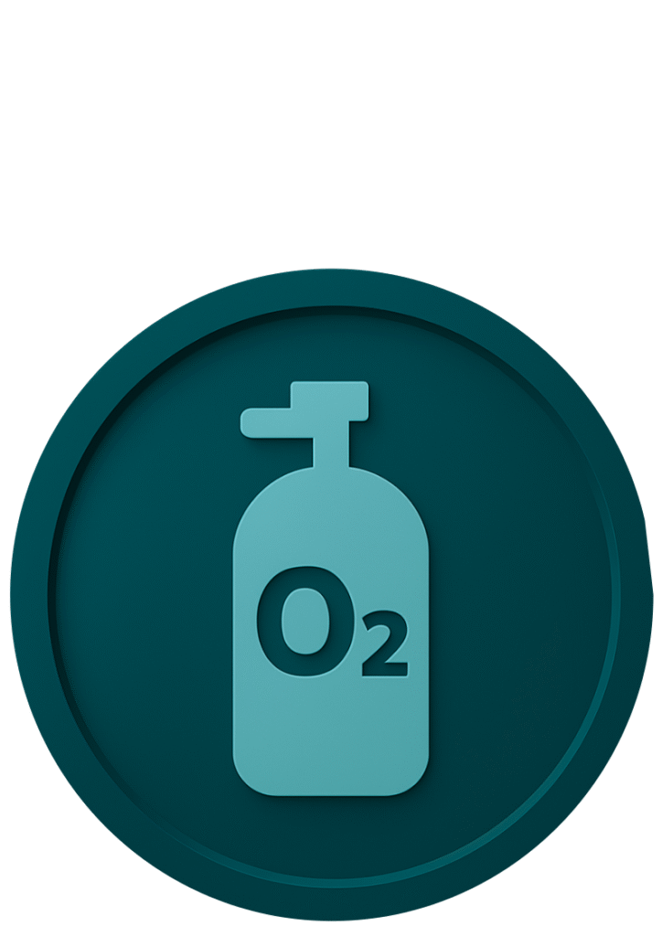 Oxygen Provider (O₂) scuba diving certification badge icon. Teal circular medal with oxygen tank symbol for emergency diving response.