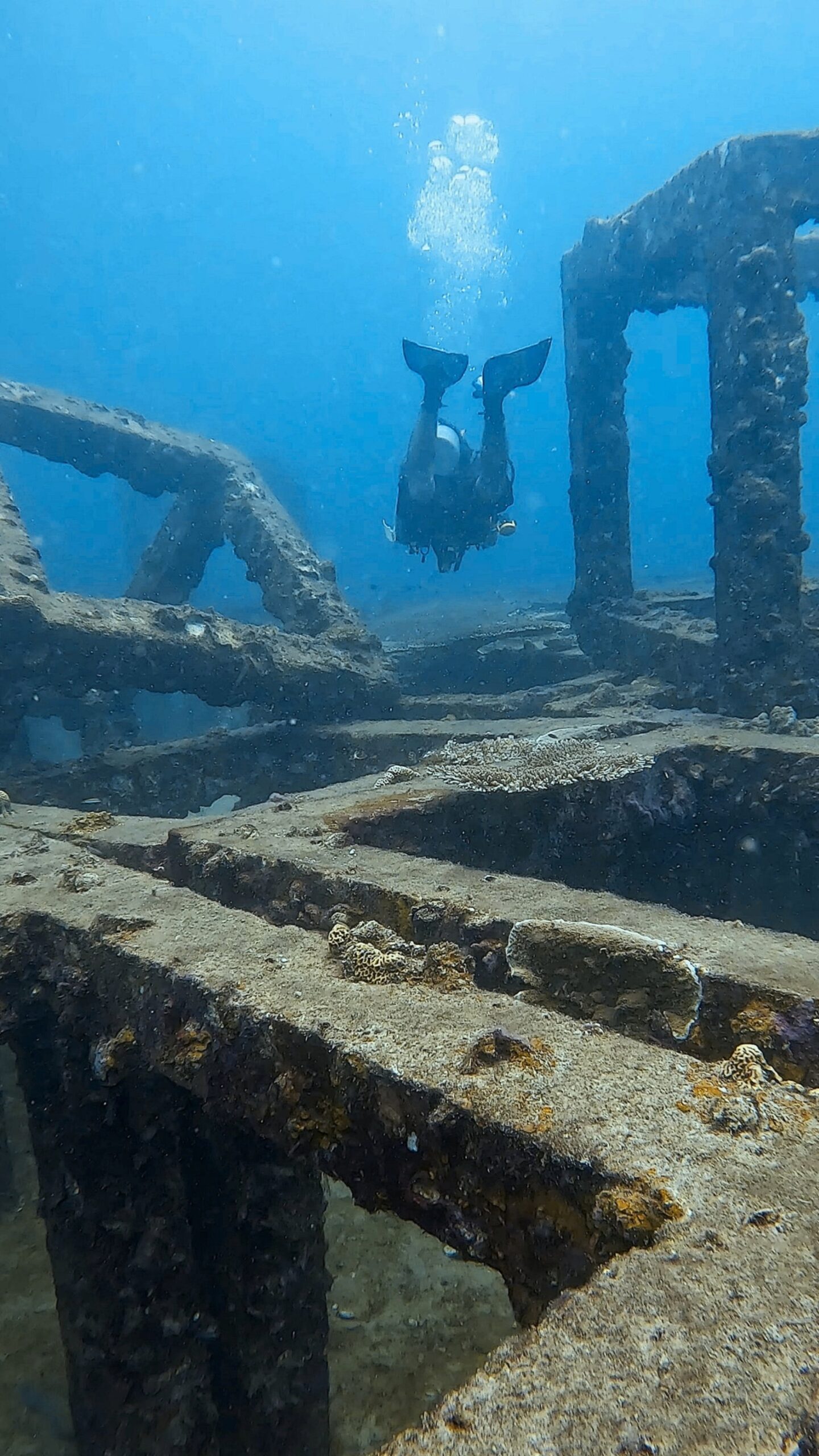 Scuba diver swimming through artificial reef cube structures at Tanote Bay, Koh Tao – Dive In Koh Tao