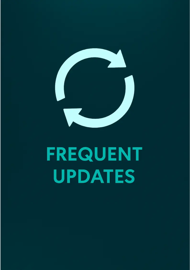 Circular arrows icon with the text "Frequent Updates", representing SSI’s commitment to regular content and app updates