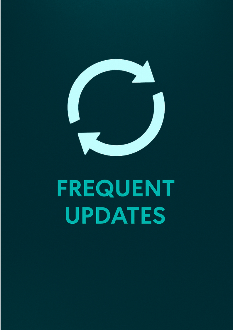Circular arrows icon with the text "Frequent Updates", representing SSI’s commitment to regular content and app updates